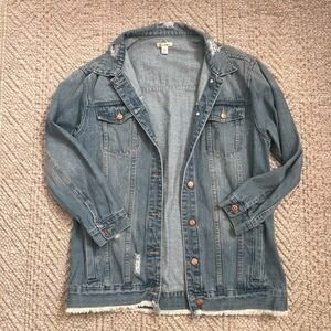 Miami Distressed Denim Jacket Medium Blue Wash Frayed Hem Oversized Womens M